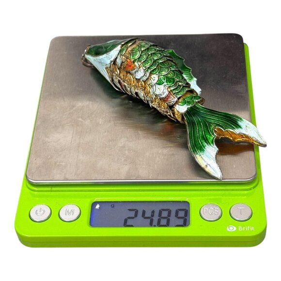 Large 4" Vintage Articulated Cloisonne Enamel Fish Pendant Keychain Green & Gold - Picture 6 of 7